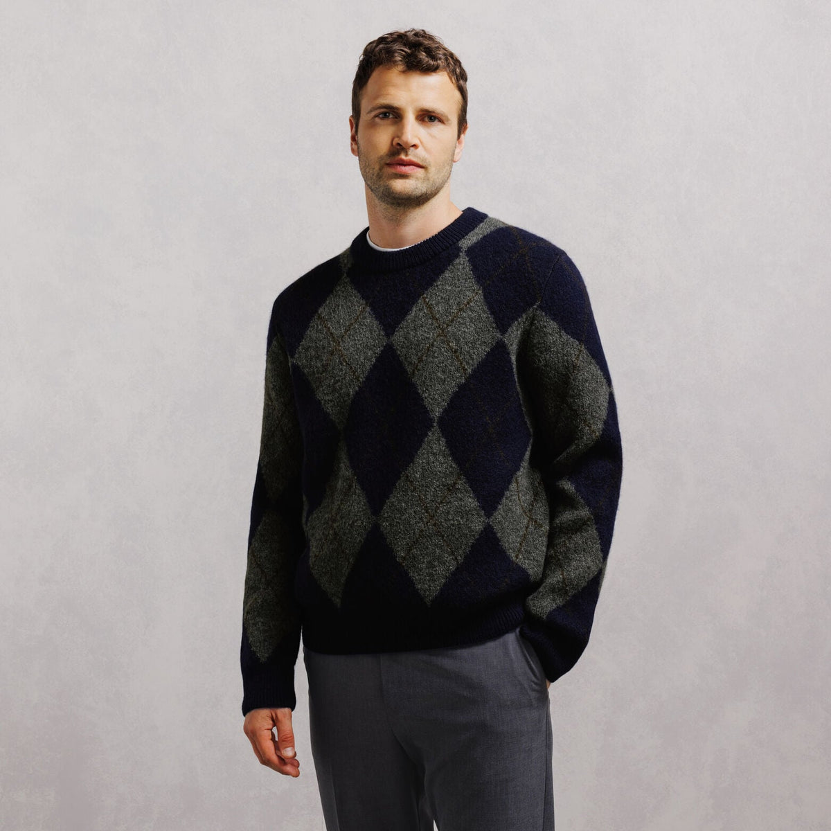 Pull col rond jacquard carreaux argyle - 1