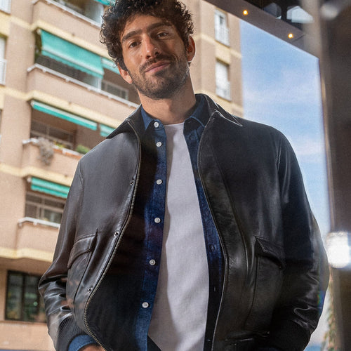 Blouson 100% cuir col chemise - 1